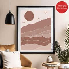 Brown & Beige Abstract Mountains Portrait With Full Moon | Abstract Office Artwork #00156 - Prime Décor