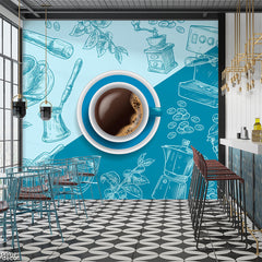 Teal Blue Coffee Cup With Hand Drawn Style Café Elements | Restaurant Wallpaper Mural - Prime Décor