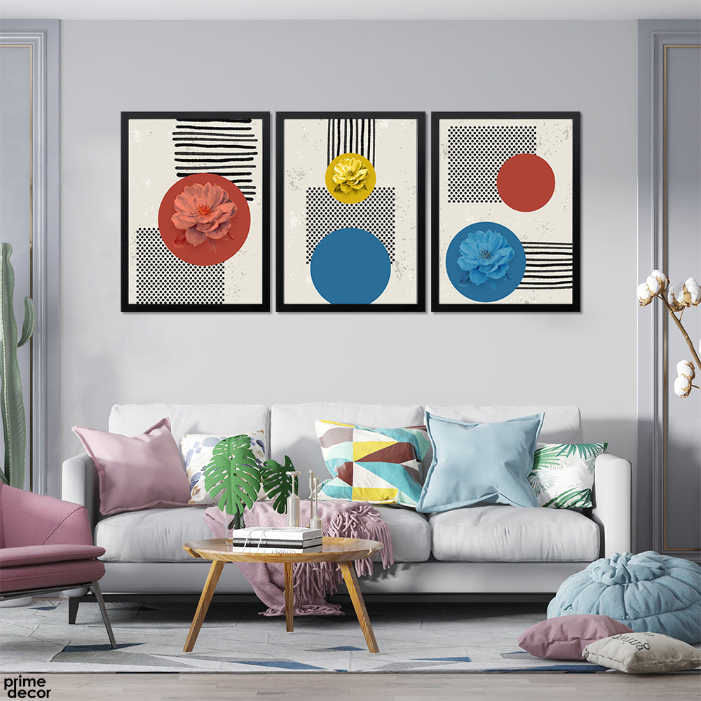 Carmine & Blue Flowers With Black Stripes (3 Panel) Office Wall Art - Prime Décor