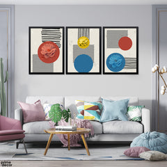 Carmine & Blue Flowers With Black Stripes (3 Panel) Office Wall Art - Prime Décor