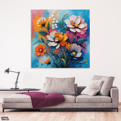 Abstract Colorful Flowers With Green Leaves (Single Panel) Floral Square Wall Art