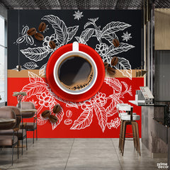 Coffee Cup With Black & Red Leaves Background | Restaurant Wallpaper Mural