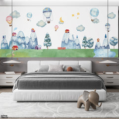 Whimsical Hot Air Balloons & Mountains With Soft Watercolor Pastels | Kids Nursery Wallpaper Mural