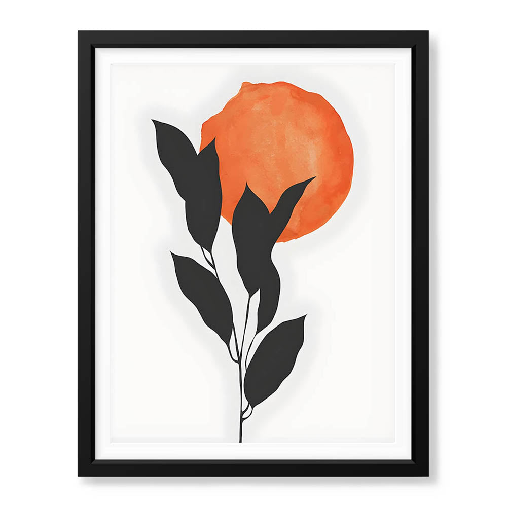 Grey Tropical Leaves With Orange Moon Shape | Abstract Floral Artwork #0015 - Prime Décor