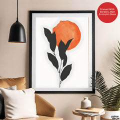 Grey Tropical Leaves With Orange Moon Shape | Abstract Floral Artwork #0015 - Prime Décor