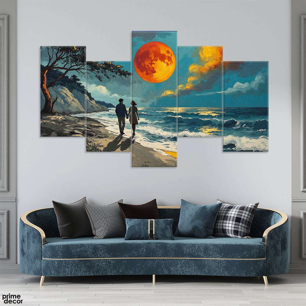 Couple Walking On The Beach In Beautiful Sunset (5 Panel) Nature Wall Art