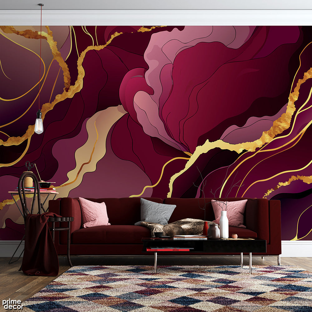 Maroon & Rustic Gold Abstract Fluid | Abstract Wallpaper Mural - Prime Décor