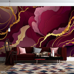 Maroon & Rustic Gold Abstract Fluid | Abstract Wallpaper Mural - Prime Décor