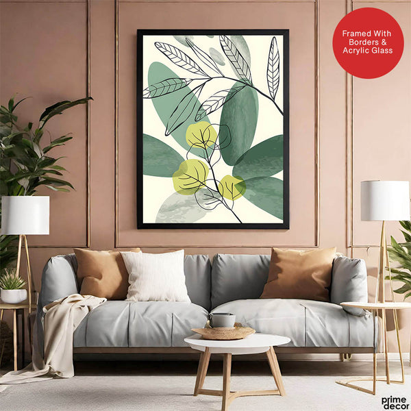 Green & Black Tropical Leaves Art Over White Background | Abstract Floral Artwork #00166 - Prime Décor