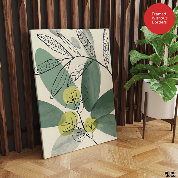 Green & Black Tropical Leaves Art Over White Background | Abstract Floral Artwork #00166 - Prime Décor