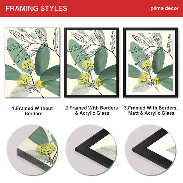 Green & Black Tropical Leaves Art Over White Background | Abstract Floral Artwork #00166 - Prime Décor