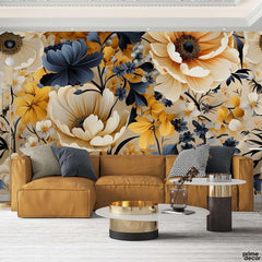 Beige Yellow & Slate Blue Macro Flowers | Floral Wallpaper Mural - Prime Décor