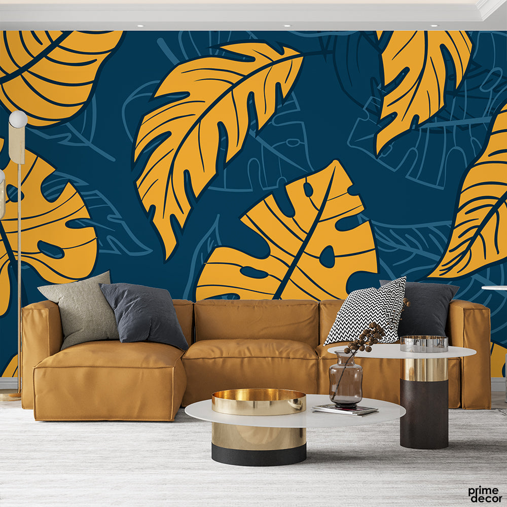 Prussian Blue & Yellow Exotic Tropical Leaves | Floral Wallpaper Mural - Prime Décor