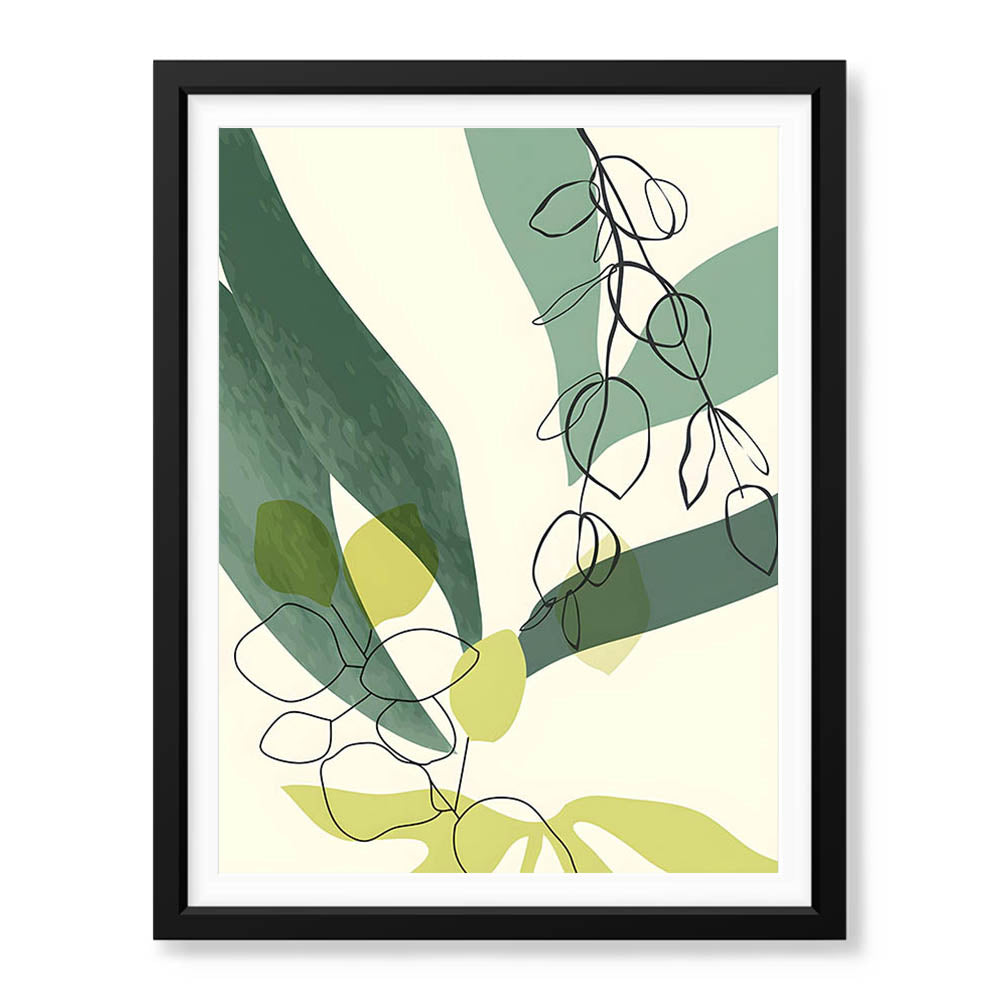 Green & Black Tropical Leaves Art Over White Background | Abstract Floral Artwork #00168 - Prime Décor