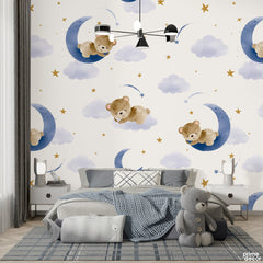 Beautiful Sleeping Teddy On The Moon | Kids Wallpaper Mural