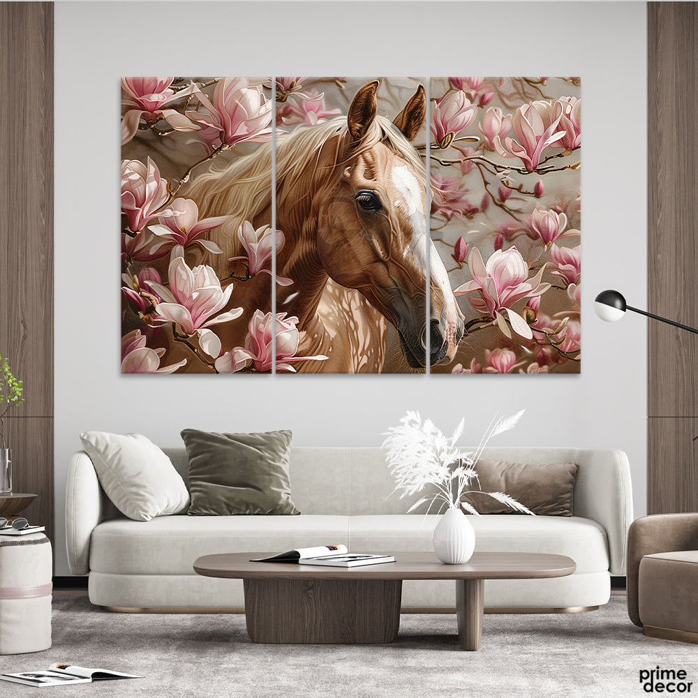 Beautiful Brown Horse In Pink Flowers (3 Panel) Animal Wall Art - Prime Décor