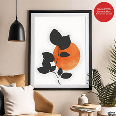 Grey Tropical Leaves With Orange Moon Shape | Abstract Floral Artwork #0016 - Prime Décor