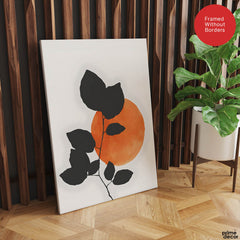 Grey Tropical Leaves With Orange Moon Shape | Abstract Floral Artwork #0016 - Prime Décor
