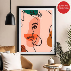 Beige & Pink Beautiful Women Faces Art Abstract Design | Abstract Fashion Artwork #00175 - Prime Décor