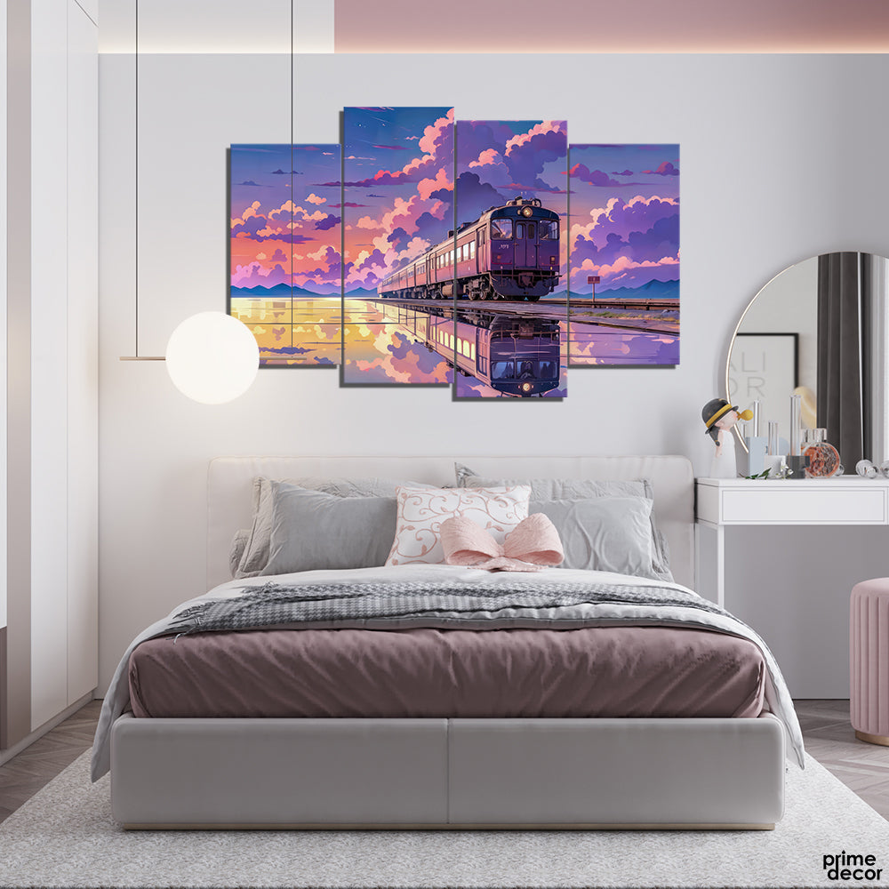 Train In Purple Aesthetic Clouds (4 Panel) Nature Wall Art - Prime Décor