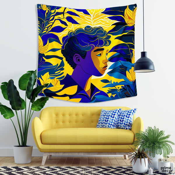 Blue & Gold Abstract Face Art | Fashion Tapestry - Prime Décor