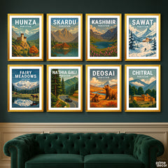 Northern Tourist Destinations of Pakistan Illustration Set (8 Panel) Travel Wall Art