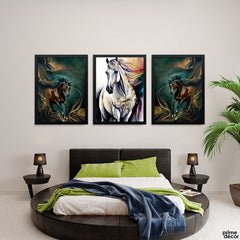 Galloping Horses with Teal Abstract Swirls (3 Panel) Modern Wall Art