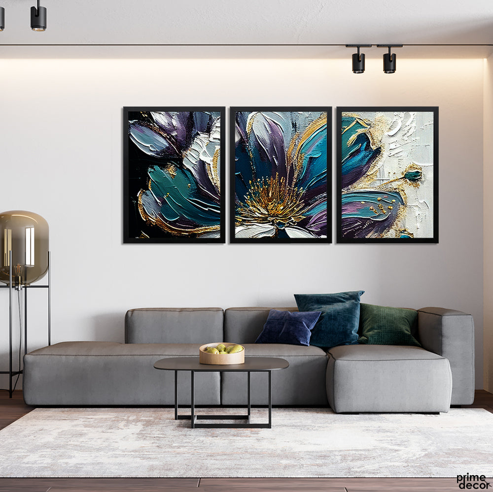 Carolina Blue Flower With Abstract Brush Strokes (3 Panel) Abstract Wall Art On Sale - Prime Décor