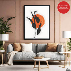 Grey Tropical Leaves With Orange Moon Shape | Abstract Floral Artwork #0017 - Prime Décor