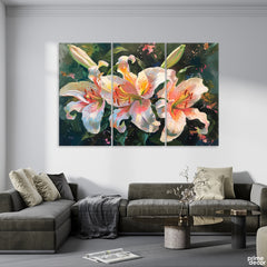 Beautiful Lilies With Green Exotic Leaves (3 Panel) Floral Wall Art