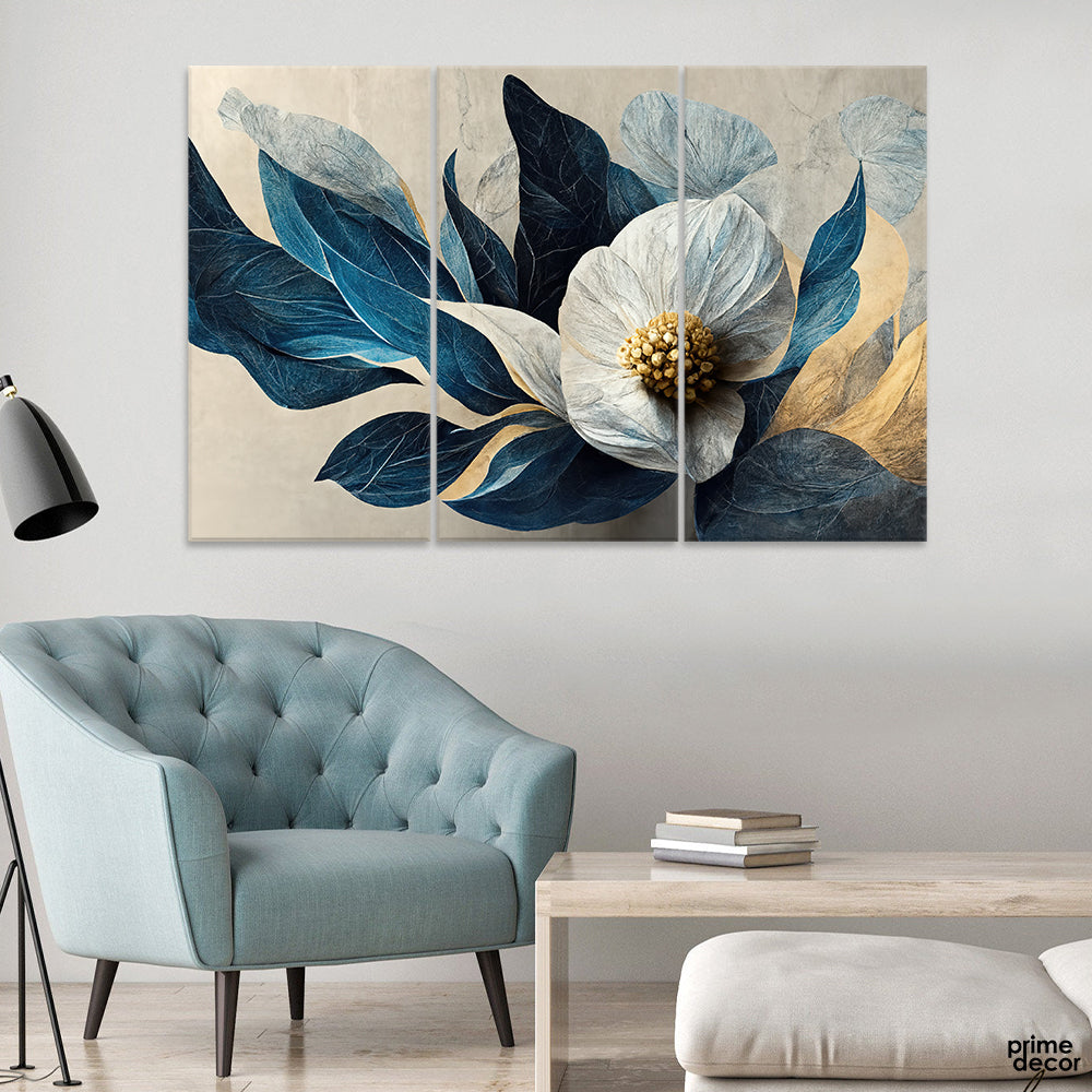 Beautiful White & Blue Flower Over Grey Background (3 Panel) Floral Wall Art - Prime Décor