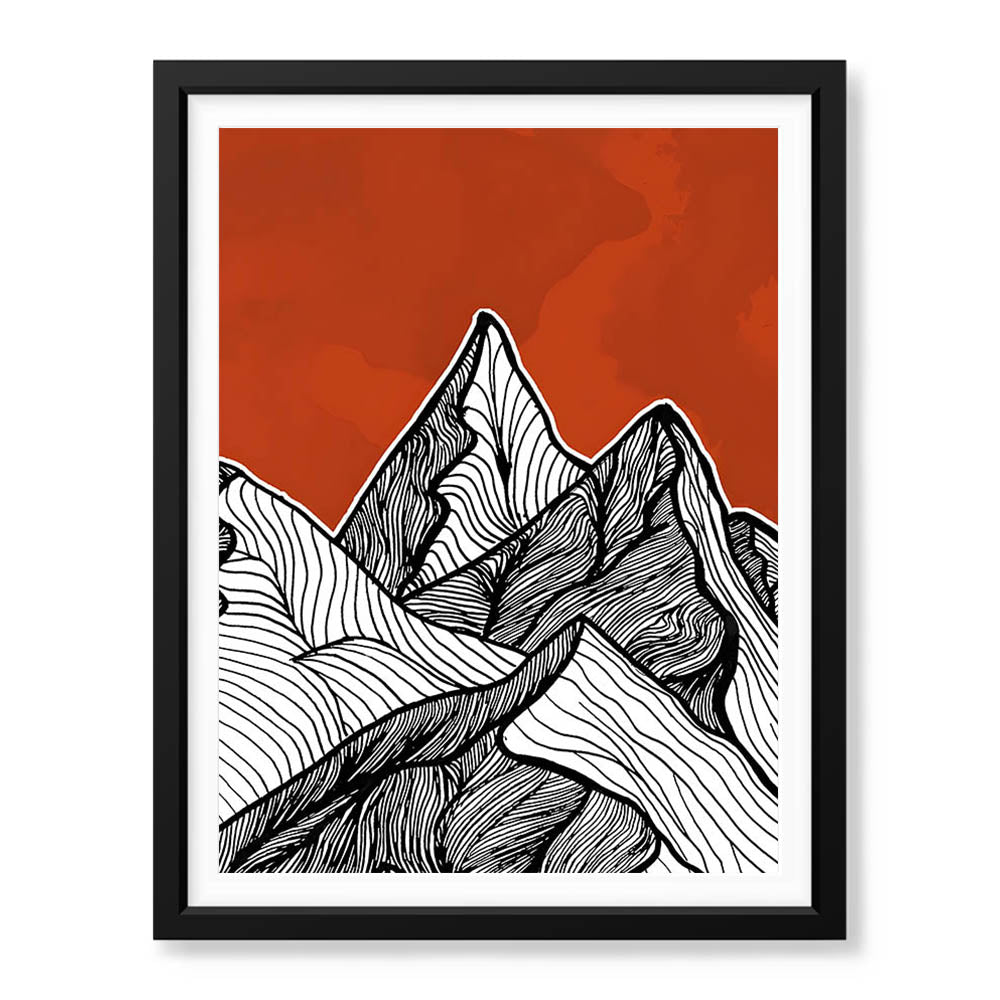 Black & White Mountain Design Over Red Background | Abstract Office Artwork #00180 - Prime Décor