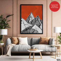 Black & White Mountain Design Over Red Background | Abstract Office Artwork #00180 - Prime Décor