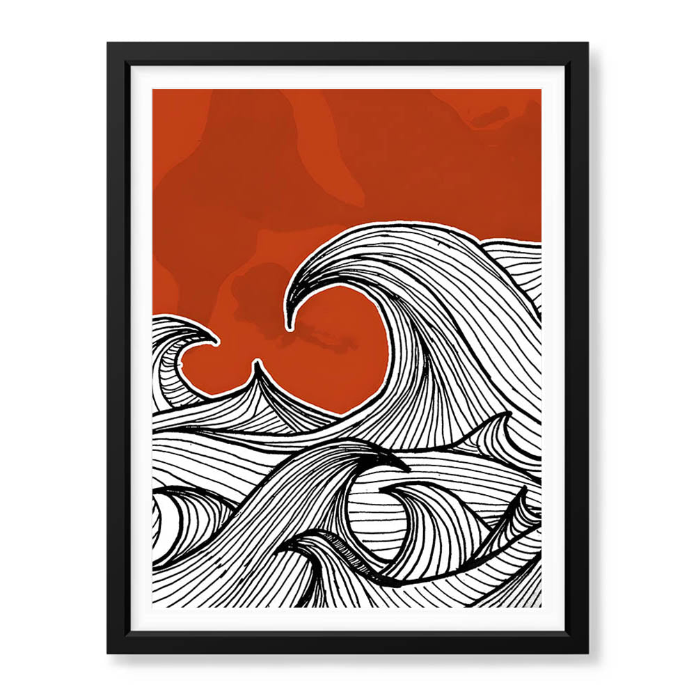 Black & White Waves Design Over Red Background | Abstract Office Artwork #00181 - Prime Décor