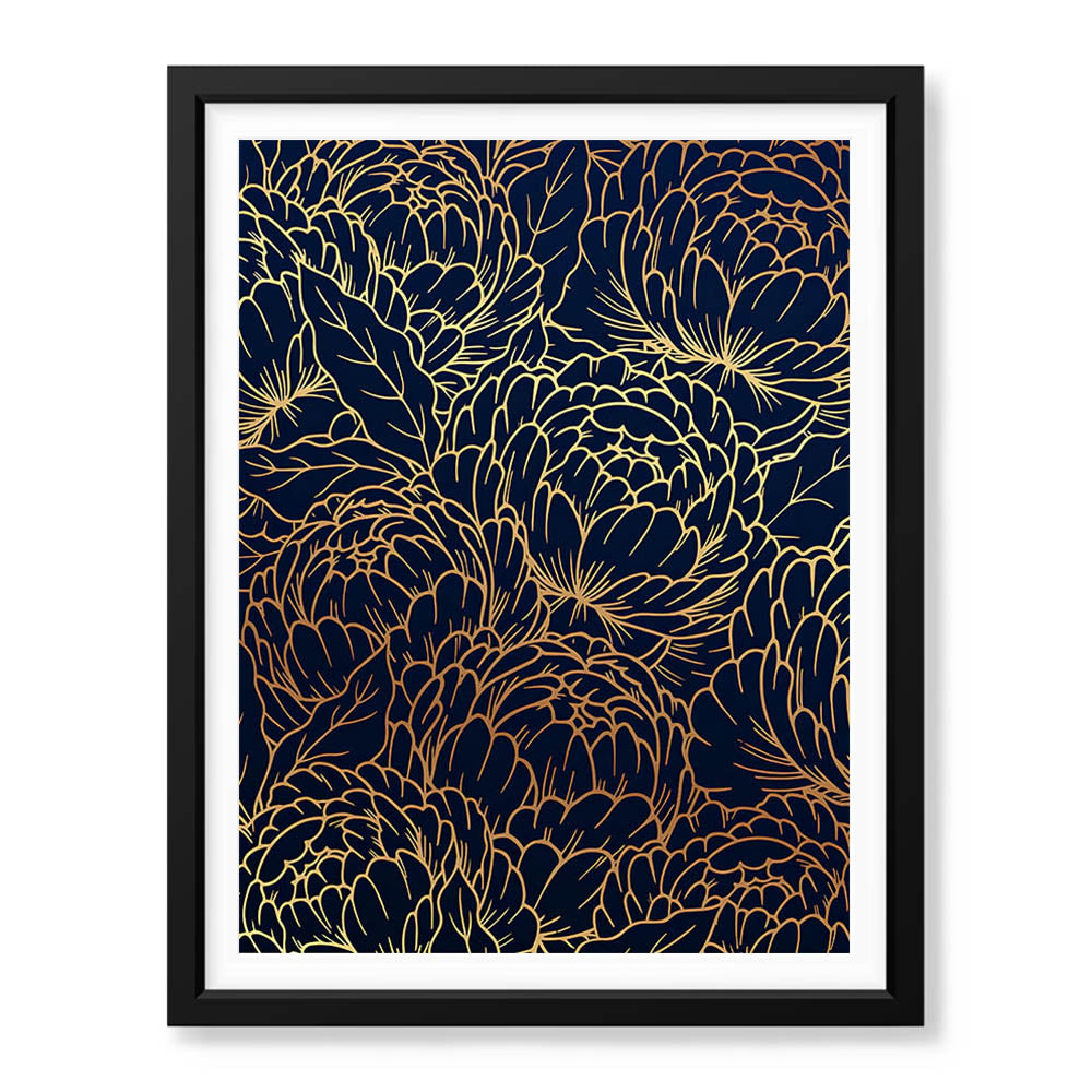 Beautiful Golden Floral Design Over Blue Background | Abstract Floral Artwork #00182 - Prime Décor