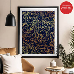 Beautiful Golden Floral Design Over Blue Background | Abstract Floral Artwork #00182 - Prime Décor