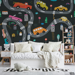 Cute Cars And Road Tracks On Grey Background | Kids Wallpaper Mural - Prime Décor