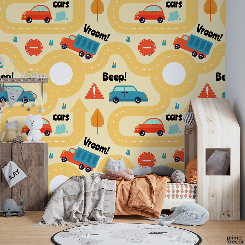 Beep Beep Vroom Cute Cars And Road Tracks | Kids Wallpaper Mural - Prime Décor