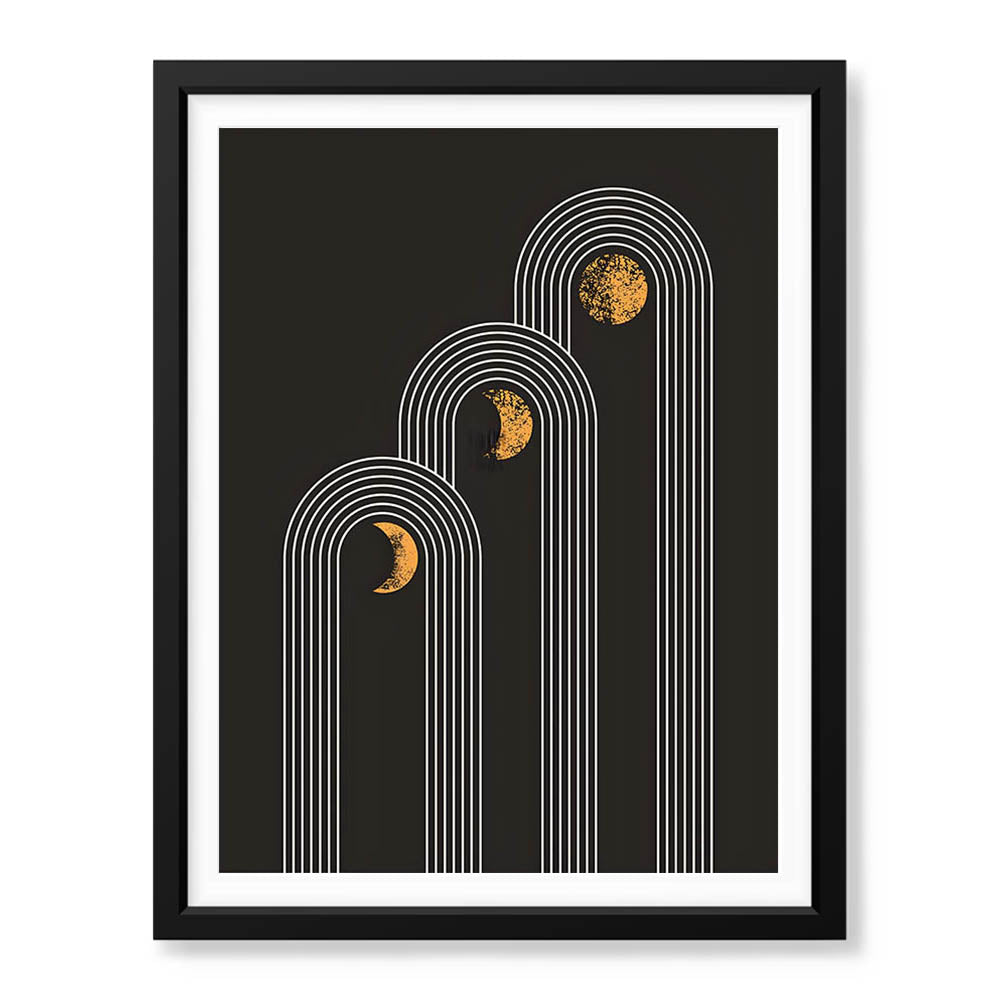 White Lines Over Golden Moon With Black Background | Abstract Fashion Artwork #00189 - Prime Décor