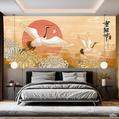 Vintage Japanese Inspired Crane Over The Flowery Mountains | Nordic Wallpaper Mural - Prime Décor