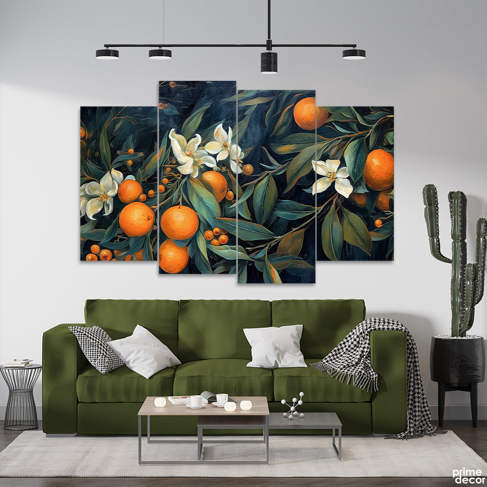 Beautiful Orange & White Flowers With Green Leaves (4 Panel) Nature Wall Art - Prime Décor
