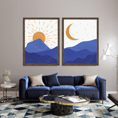 Golden Moon & Sun Artwork With Blue Mountains (2 Panel) Nature Wall Art