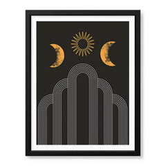 White Line Art With Gold Moon Design Over Black Background | Abstract Fashion Artwork #00191 - Prime Décor