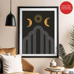 White Line Art With Gold Moon Design Over Black Background | Abstract Fashion Artwork #00191 - Prime Décor