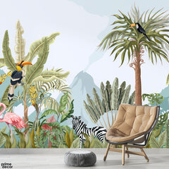 Watercolor Jungle Foliage & Exotic Wildlife | Playful Tropical Wallpaper Mural