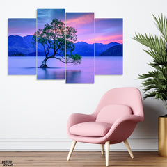 Beautiful Tree In The Lake With Neon Style Purple Background (4 Panel) Floral Wall Art