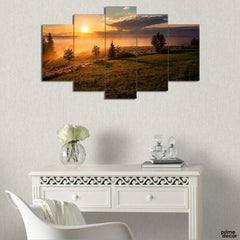 Trees In Grass With Sunrise (5 Panel) Nature Wall Art - Prime Décor