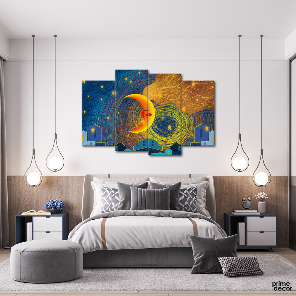 The Golden Wired Moon (4 Panel) Nature Wall Art - Prime Décor