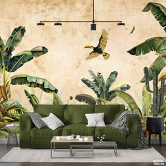 Abstract Green Tropical Leaves Over Brown Background | Floral Wallpaper Mural - Prime Décor