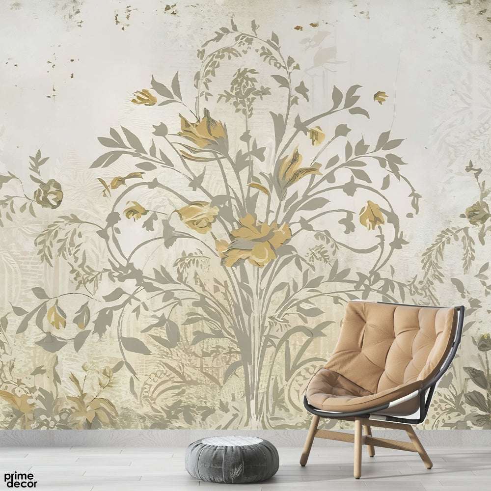 Beautiful Cultural Flowers Artwork Over Beige Background | Floral Wallpaper Mural